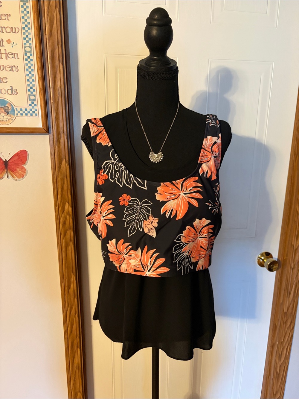 Hillock Sleeveless Black Top with Coral Floral Print